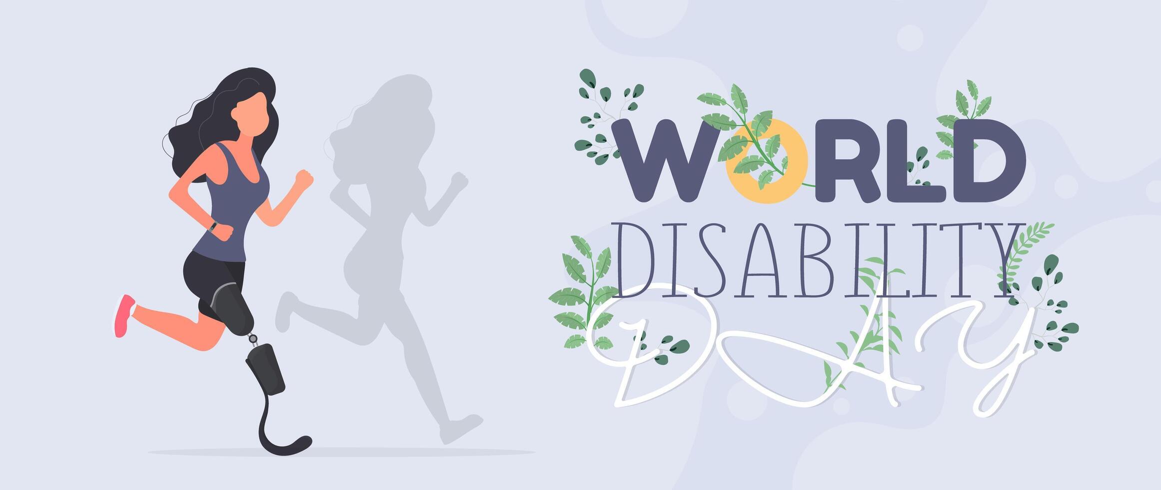 World disabled day banner. International Day of Persons with Disabilities. A girl with a prosthetic leg is running. Vector. vector