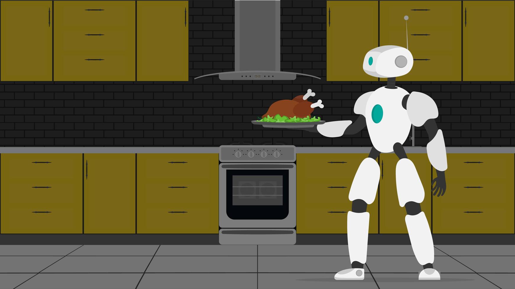 el robot sostiene una bandeja de metal con carne frita. camarero robot. el concepto de futuros trabajadores del café. vector. vector