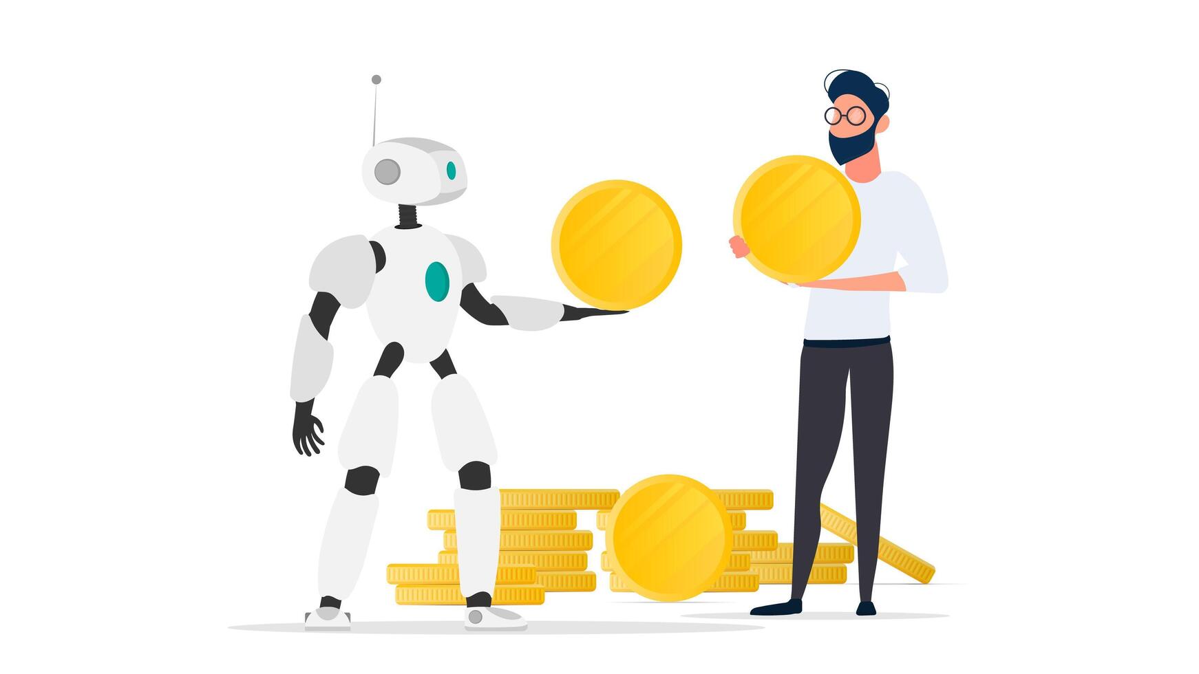 The robot gives a gold coin to a businessman. The robot brings profit to the business. The concept of earnings, profit and wealth. Isolated. Vector. vector