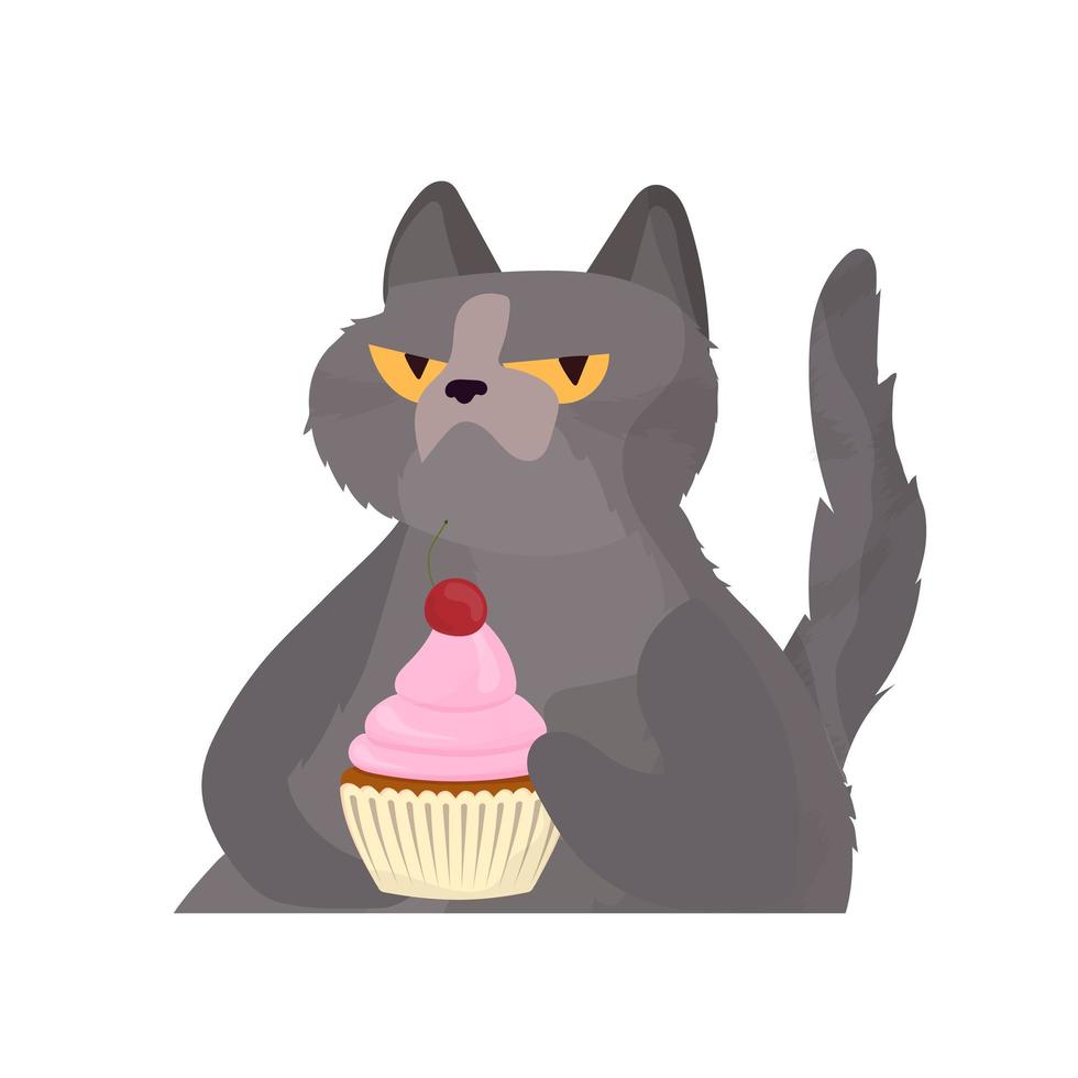 gato gracioso sostiene una magdalena festiva. dulces con crema, muffin, postre festivo, confitería. bueno para tarjetas, camisetas y pegatinas. estilo plano. vector. vector