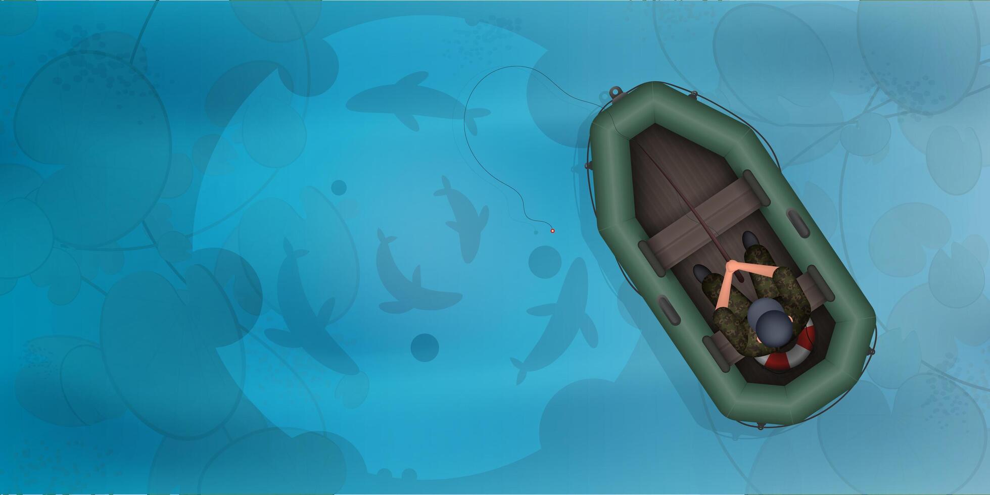 Fisherman in a rubber boat. Fish in the water top view. Ocean, river or lake with clear blue water. Vector illustration.