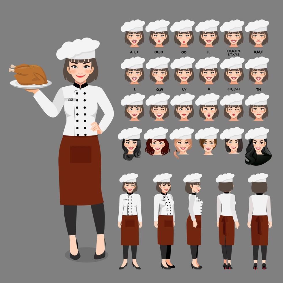 Cartoon character with Professional Woman Chef in uniform for animation. Front, side, back, 3-4 view character. Separate parts of body. Flat vector illustration
