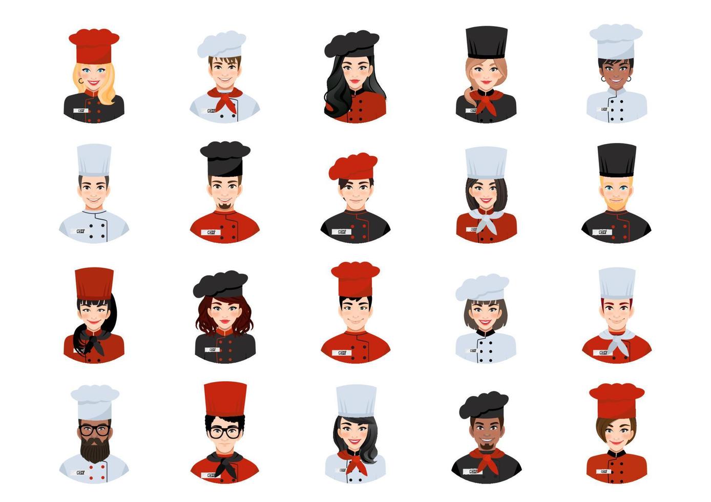 Big bundle of different chef avatars. Set of diverse chef portraits. Men and women chef avatar characters. vector