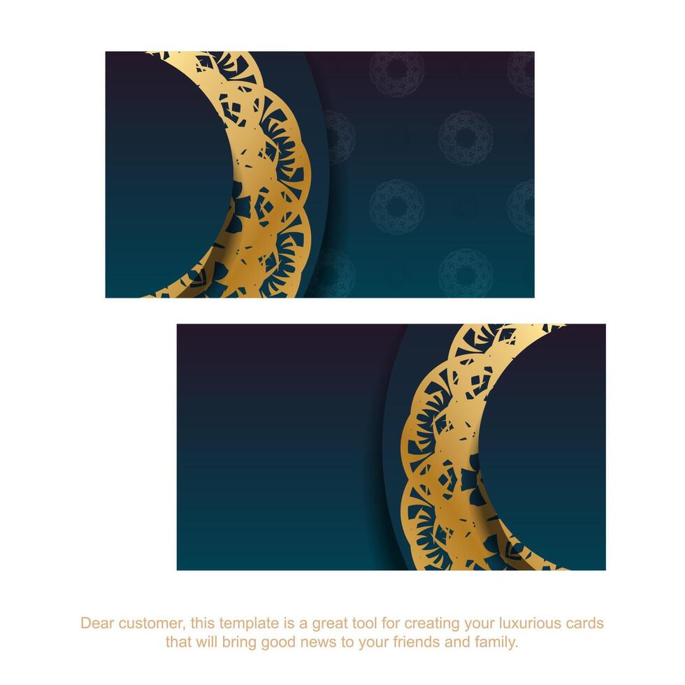 Blue gradient business card with gold mandala pattern for your brand. vector