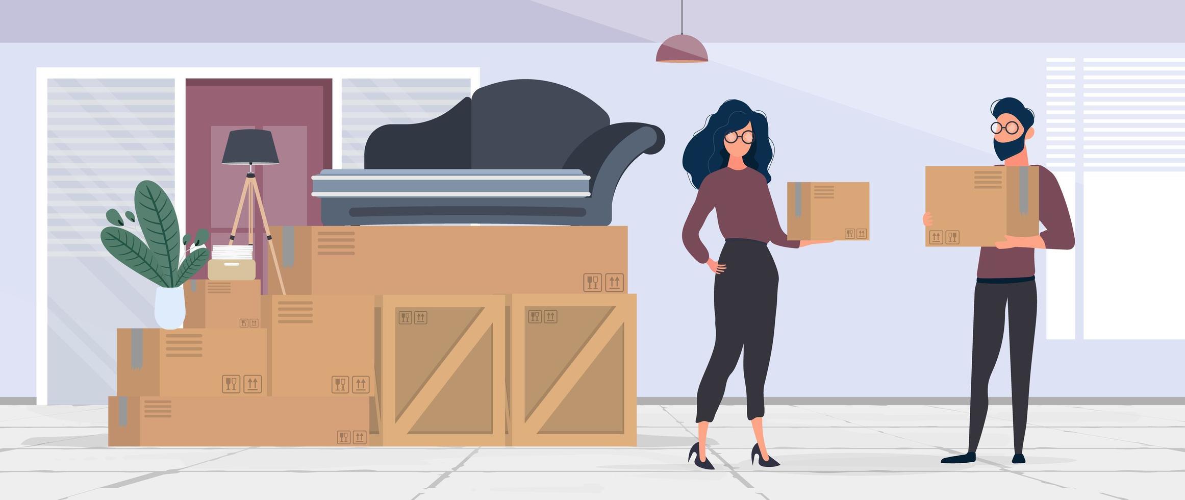 The family is moving. Moving home. The guy and the girl are holding boxes. Vector. vector