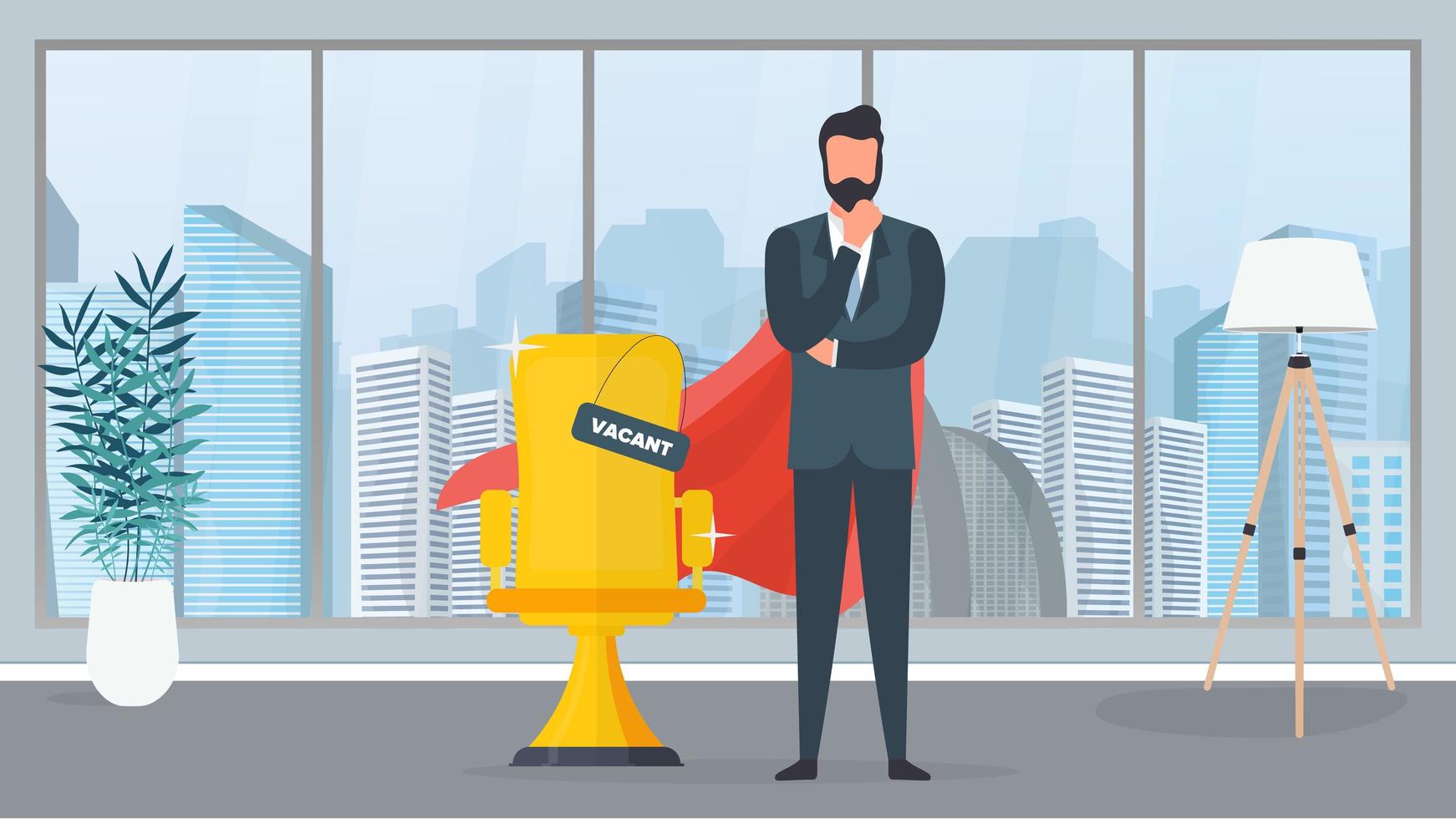 Vacant place. Businessman with red superhero cloak. Gold office chair. The concept of open vacancy, search and recruitment of personnel, HR. Vector. vector