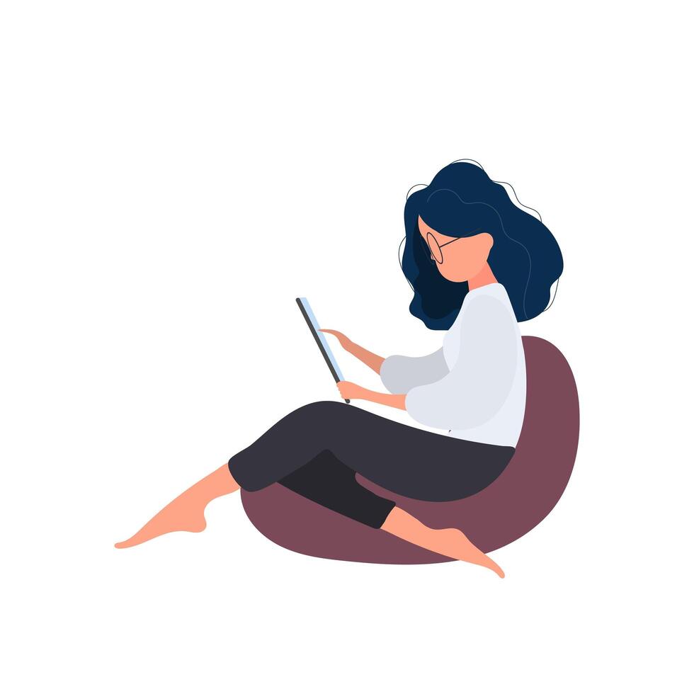 The girl is sitting on an ottoman with a tablet. A woman with a tablet is sitting on a large pouf. Isolated. Vector. vector