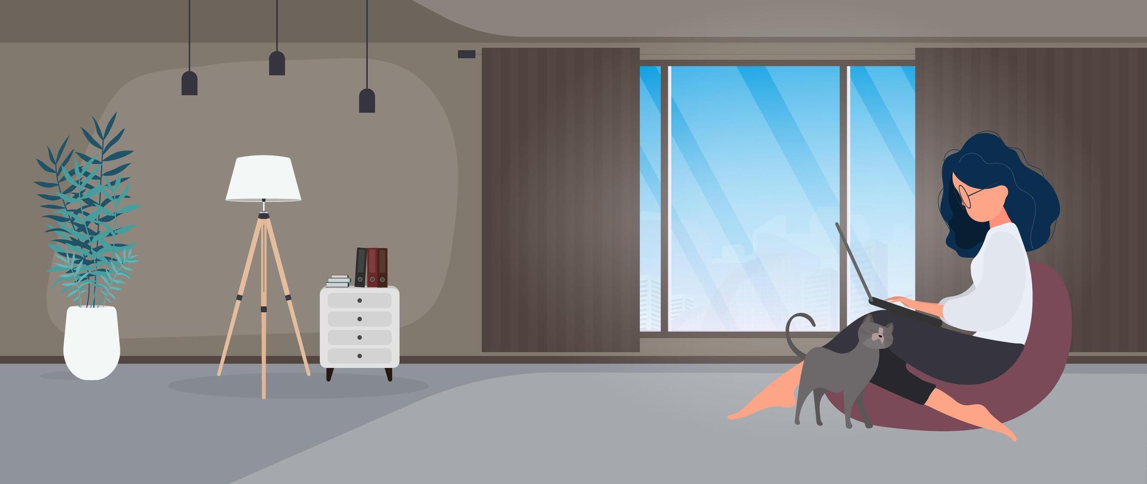 The girl sits on an ottoman and works at a laptop. A woman with a laptop sits on a large pouf. The cat rubs against the girls leg. The concept of comfortable work in the office or at home. Vector. vector