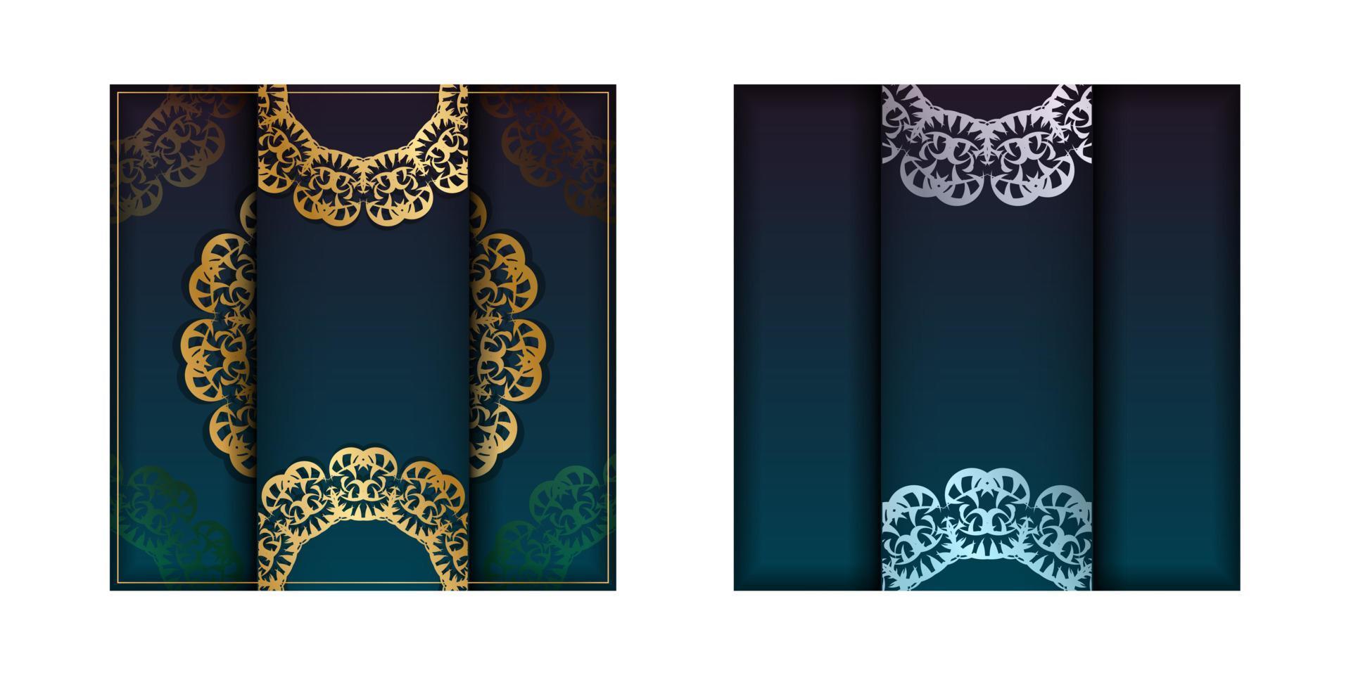 Greeting card template with gradient blue color with vintage gold ornaments for your design. vector