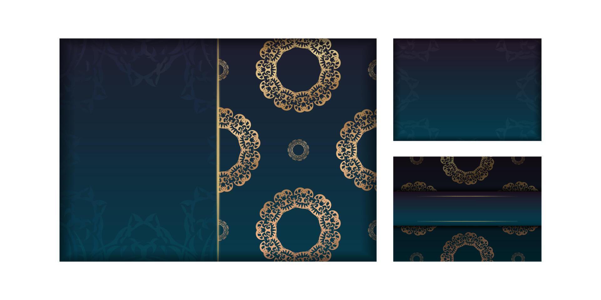 Gradient blue gradient greeting card template with vintage gold ornaments prepared for typography. vector