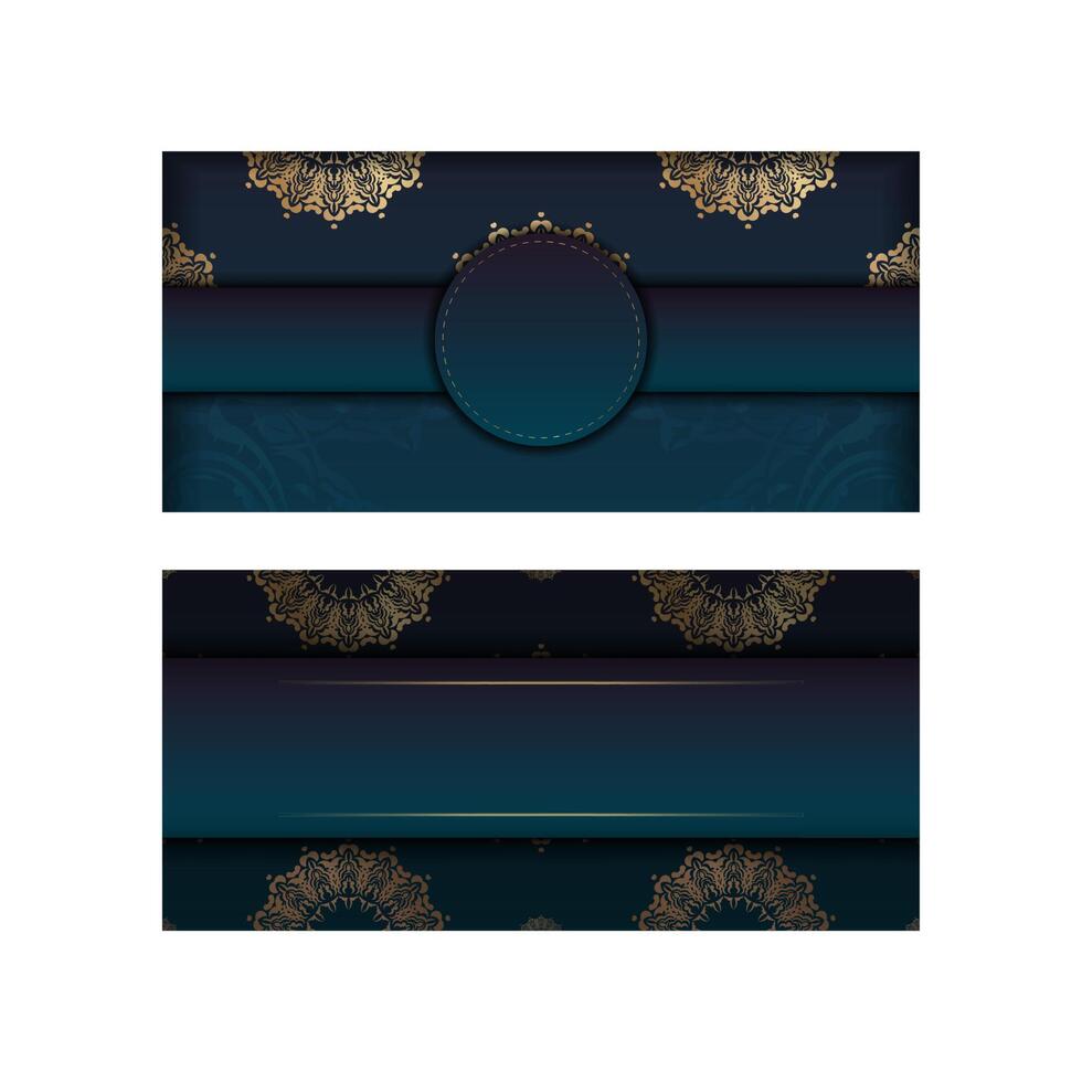 Greeting card template with gradient blue color with abstract gold pattern prepared for typography. vector