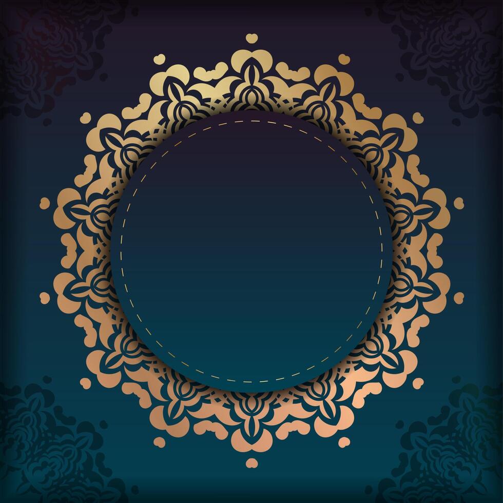 Greeting card template with gradient blue color with abstract gold ornament prepared for typography. vector