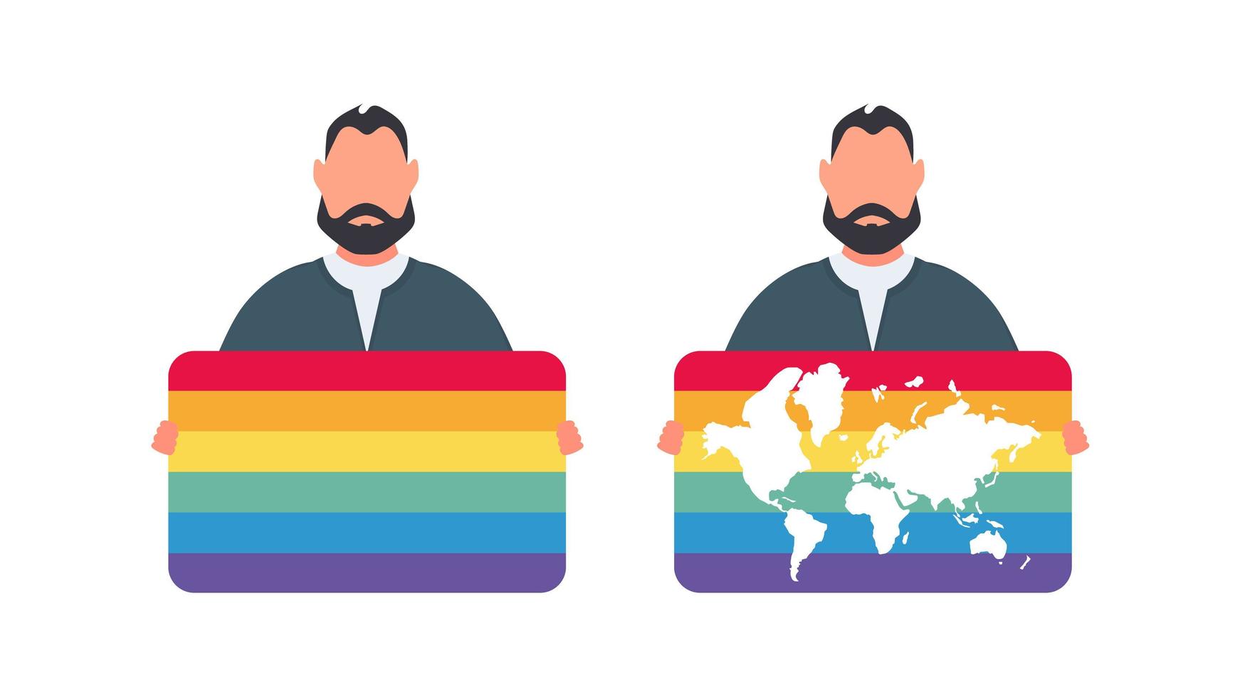 un hombre sosteniendo una bandera lgbt. el chico sostiene una pancarta con color lgbt. vector. vector