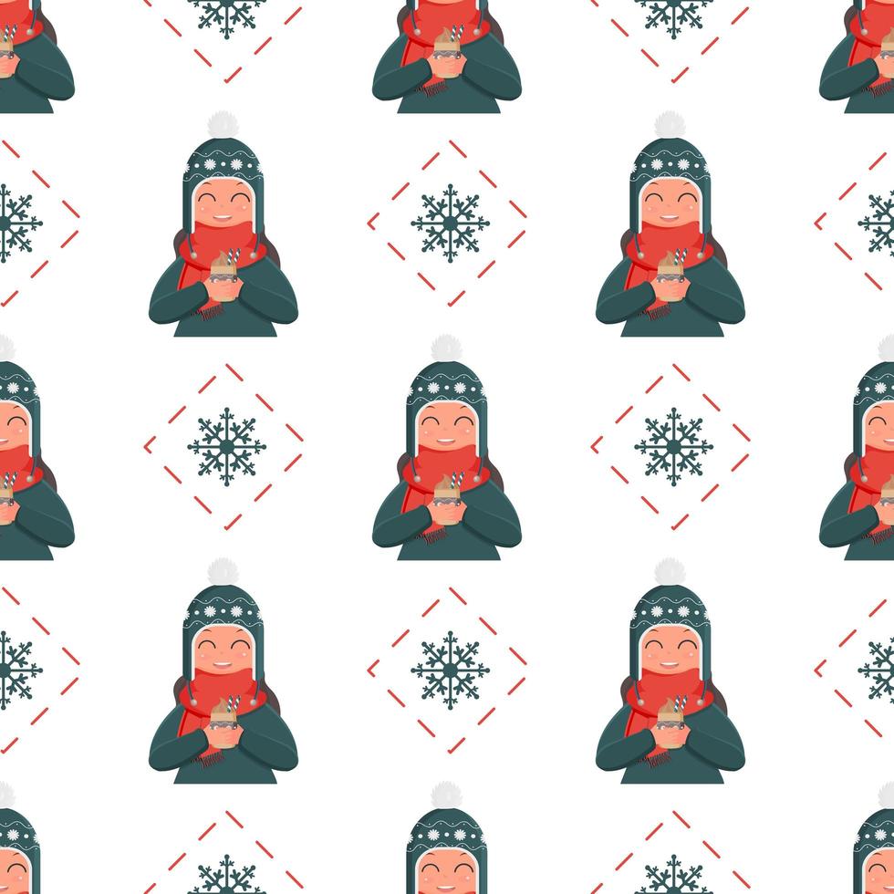 Seamless pattern with a girl holding a hot drink. Suitable for postcards, wrapping paper and posters. New Year and Christmas background. Vector