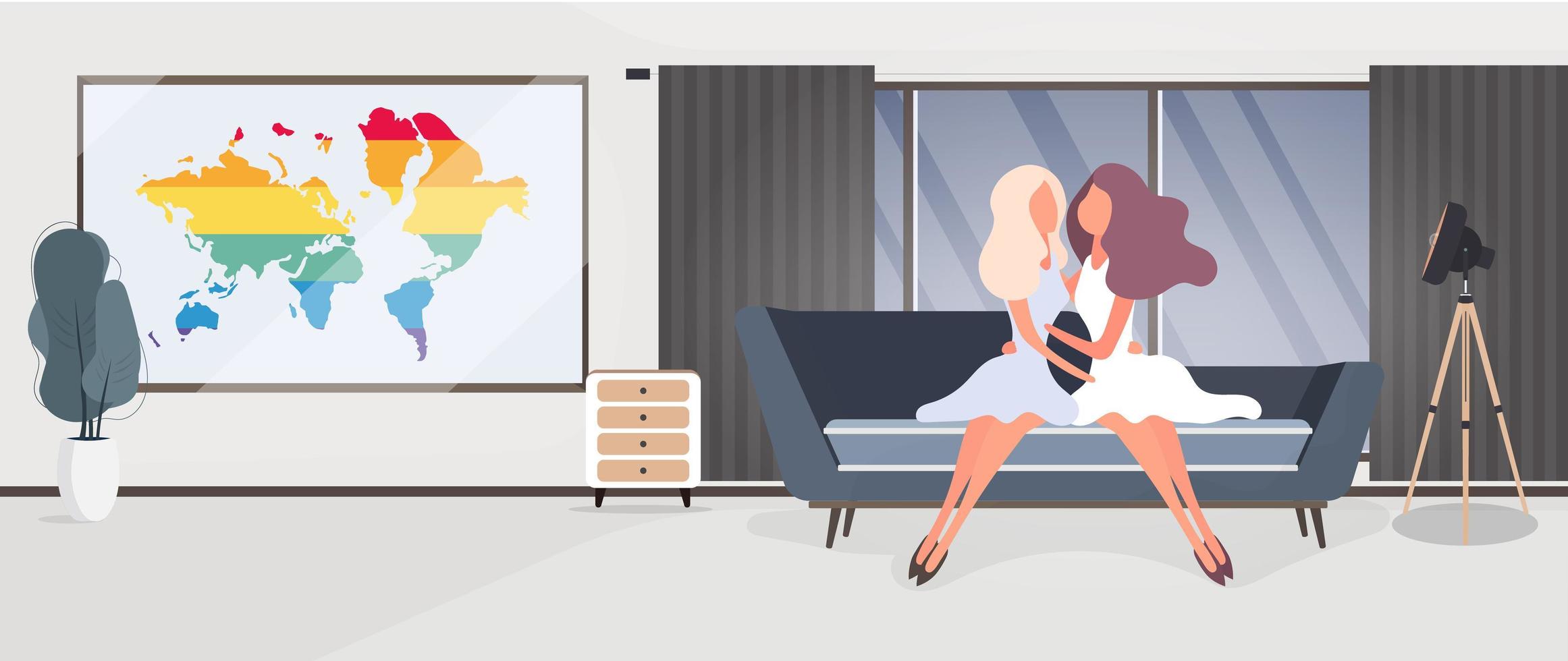 The girl hugs the girl while sitting on the couch. LGBT concept. Vector. vector