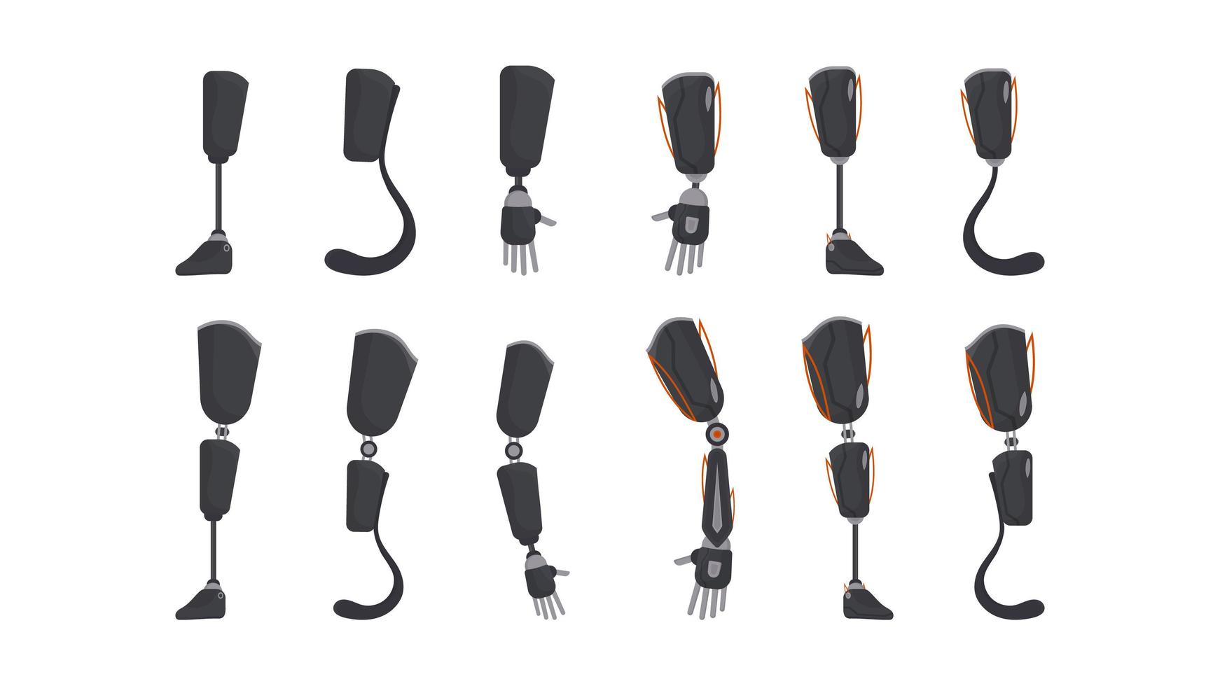 un conjunto de prótesis futuristas para personas. brazo y pierna protésicos de metal en estilo plano. vector. vector
