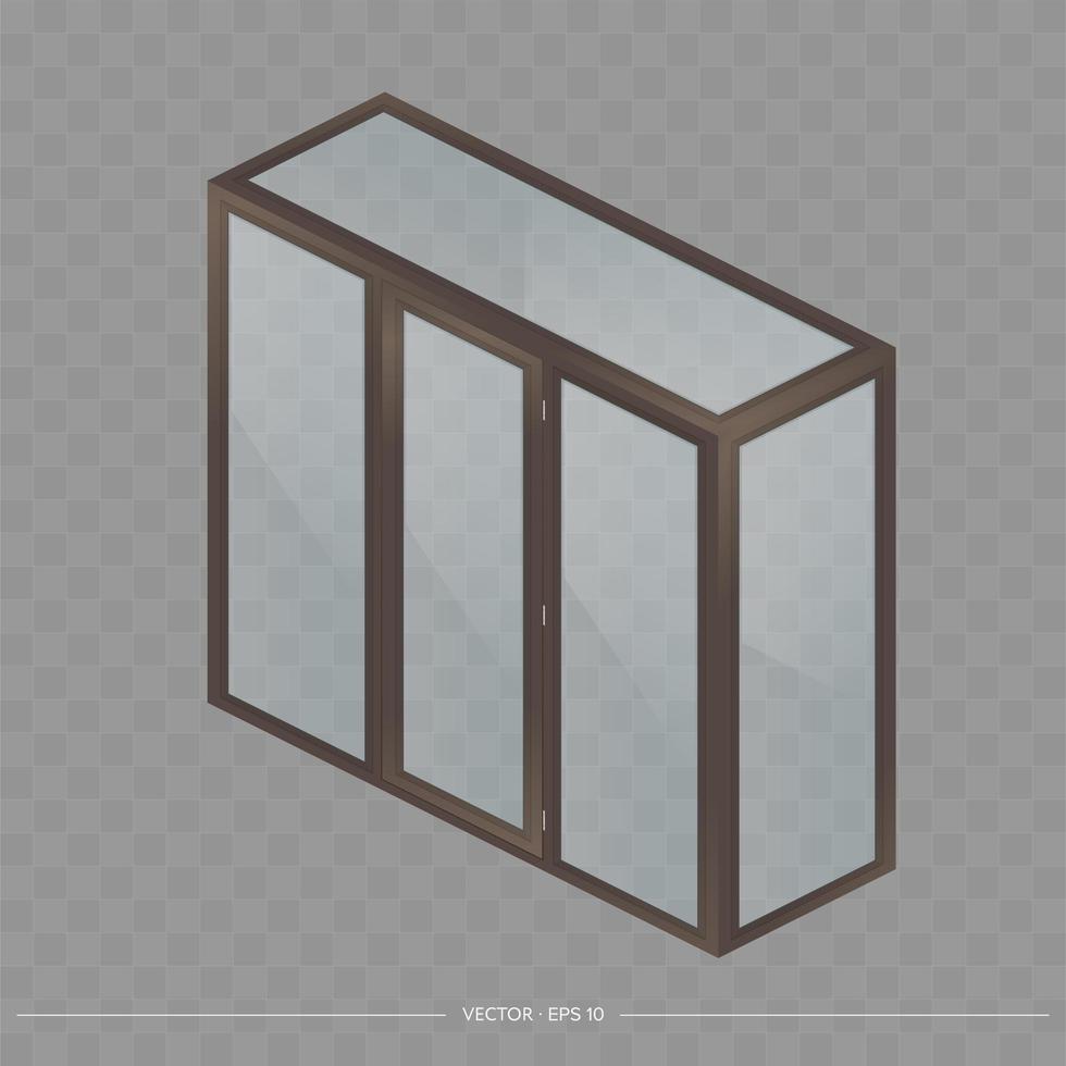 Brown metal-plastic balcony in isometry. French balcony vector project. Realistic style