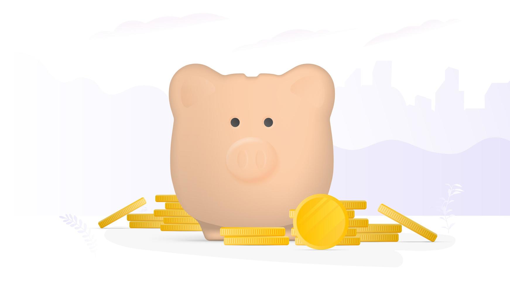 banner sobre el tema de las finanzas. hucha rosa en forma de cerdo con monedas de oro. alcancía de dinero con una montaña de monedas. vector. vector