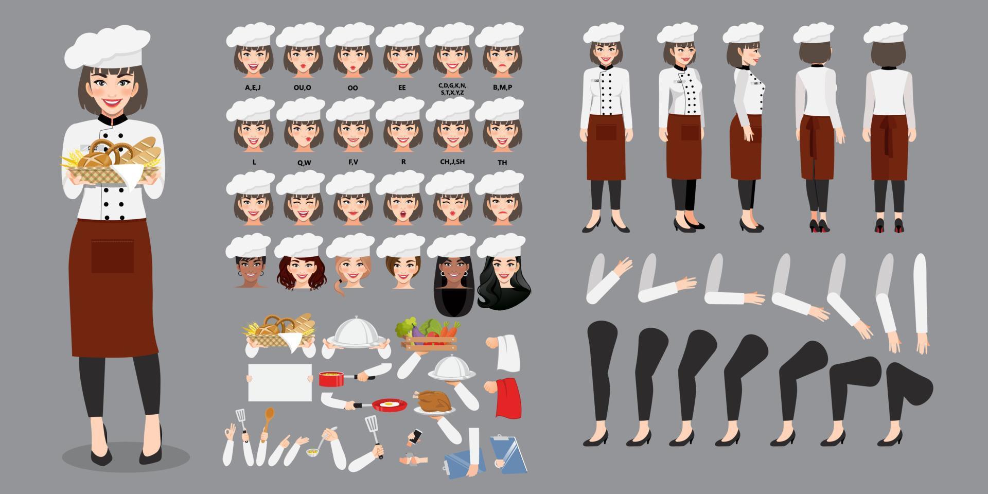 Professional Woman Chef cartoon character in uniform creation set with  various views, hairstyles, face emotions, lip sync and poses. Parts of body  template for design work and animation 4868330 Vector Art at