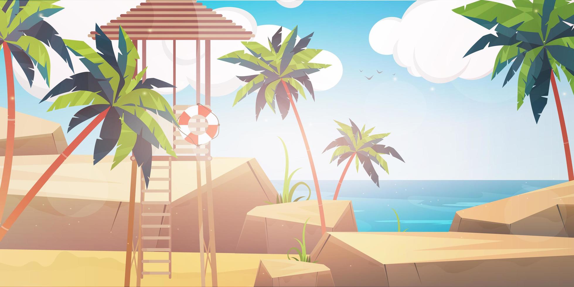 playa con puesto de salvamento. Ilustración de la isla de verano en estilo de dibujos animados. vector