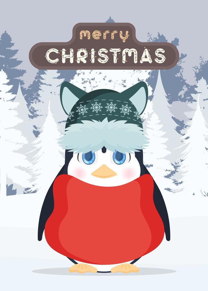 Feliz Navidad. un pequeño pingüino con una apariencia linda se encuentra en un bosque nevado de invierno. pingüino con sombrero de invierno y chaqueta roja. bueno para postales y libros. vector. vector