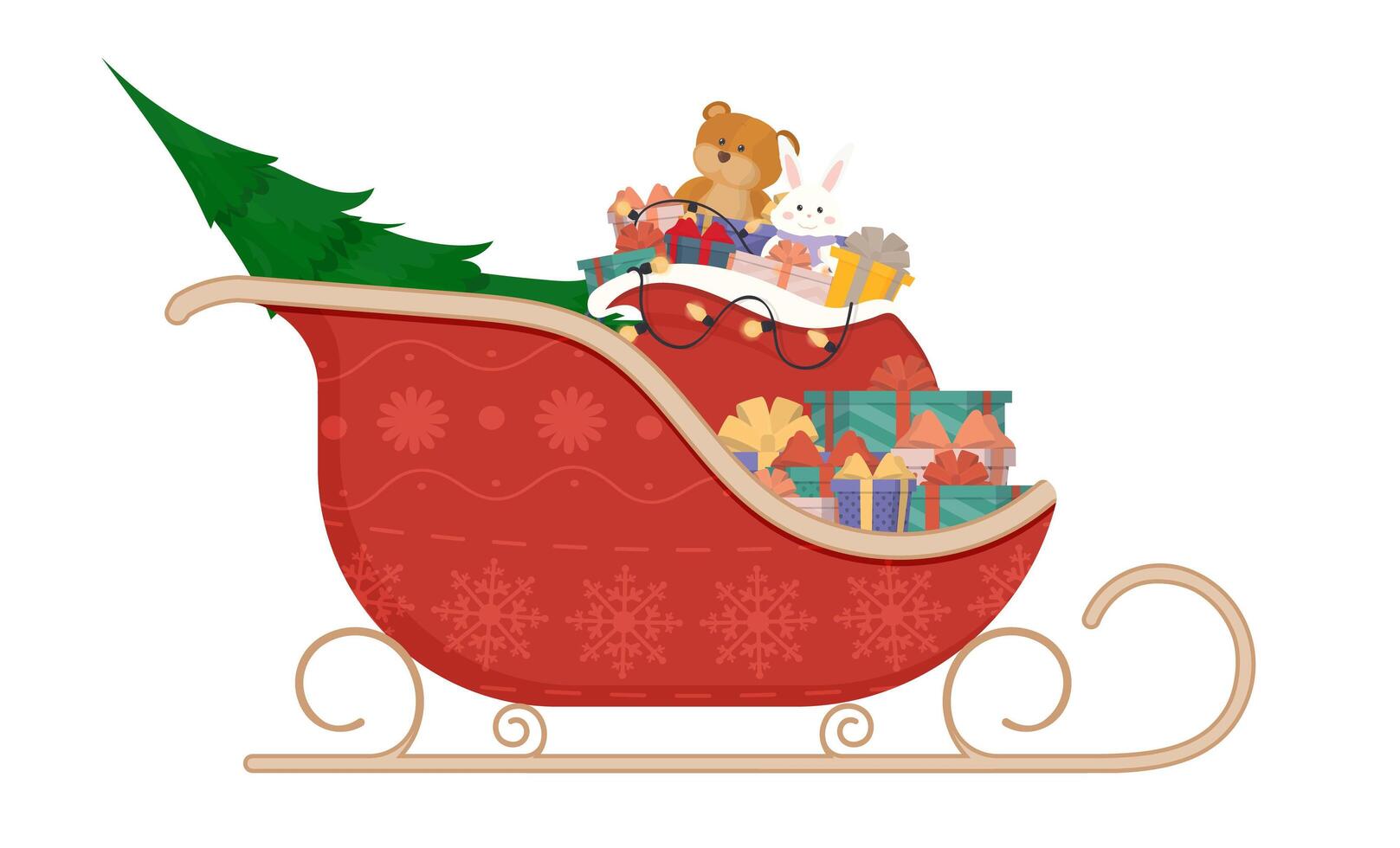 Red sleds of Santa Claus with gifts. isolated on white background. Cartoon style design. vector