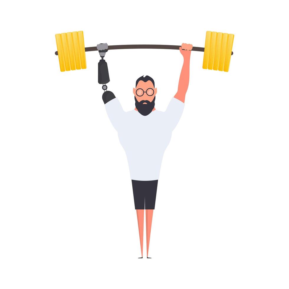 A man with a prosthetic hand lifts the barbell. . vector