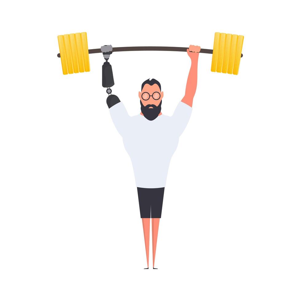 A man with a prosthetic hand lifts the barbell. Vector. vector