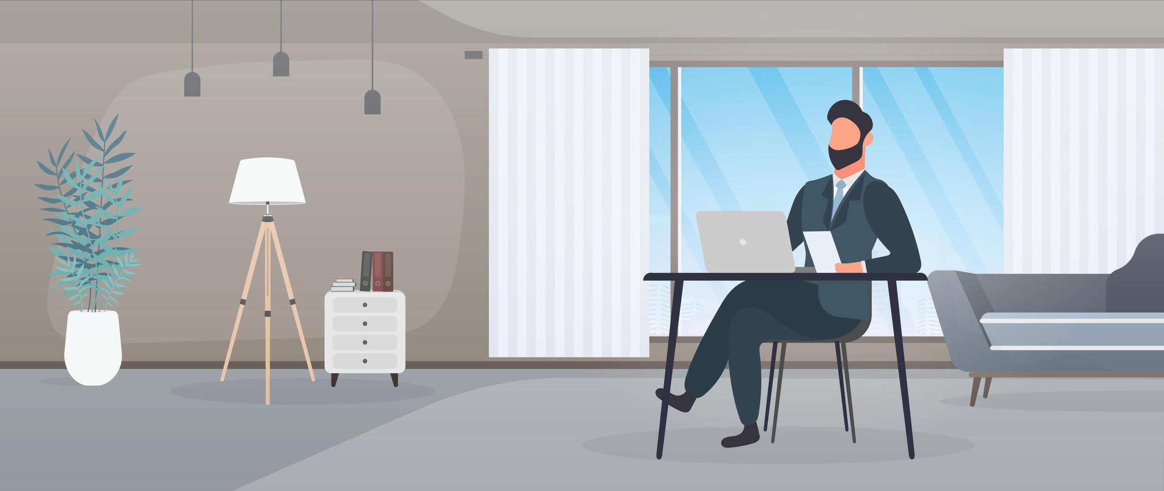 A guy with glasses sits at a table in his office. A man works on a laptop. Office, bookshelf, business man, floor lamp. Office work concept. Vector. vector