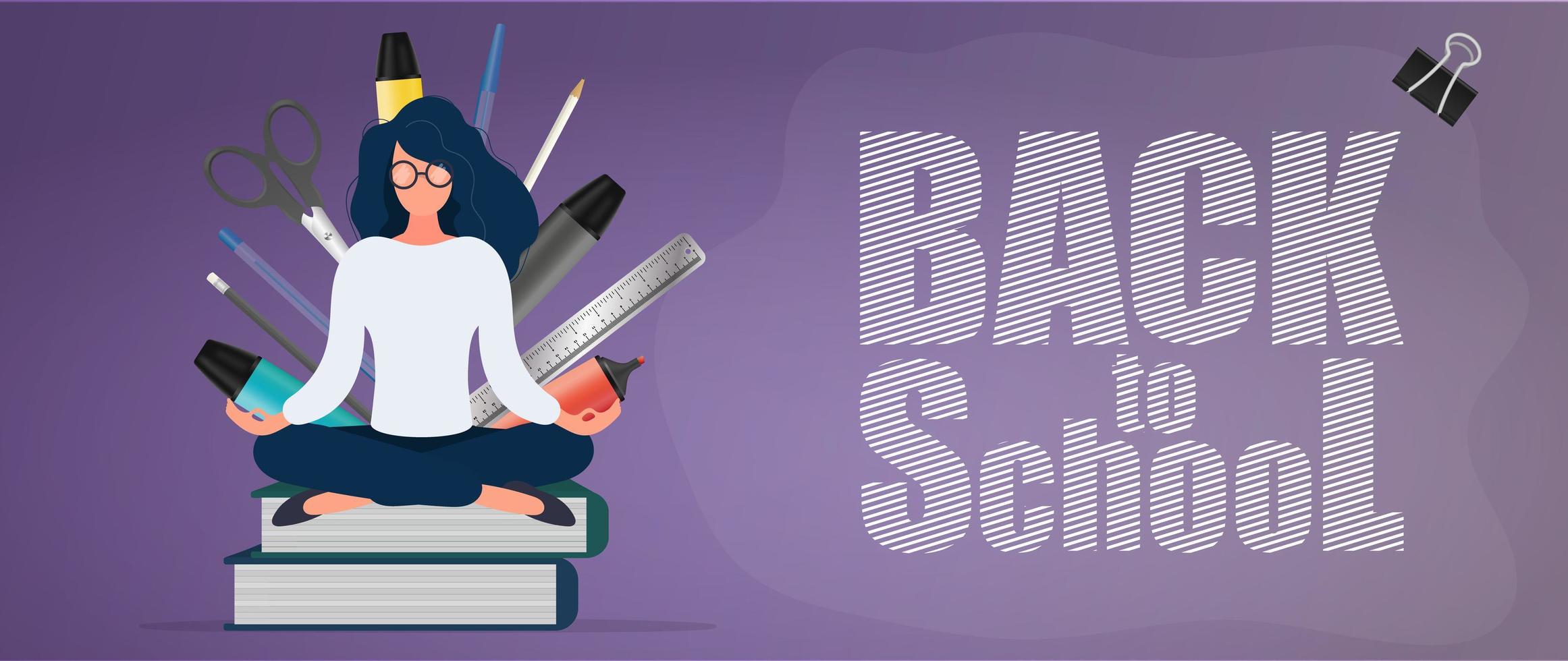 Back to school banner. A girl with glasses sits on a stack of books. Stationery, leather sheaths, pens, pencils, markers, ruler. Concept for the start of the school season. Vector. vector