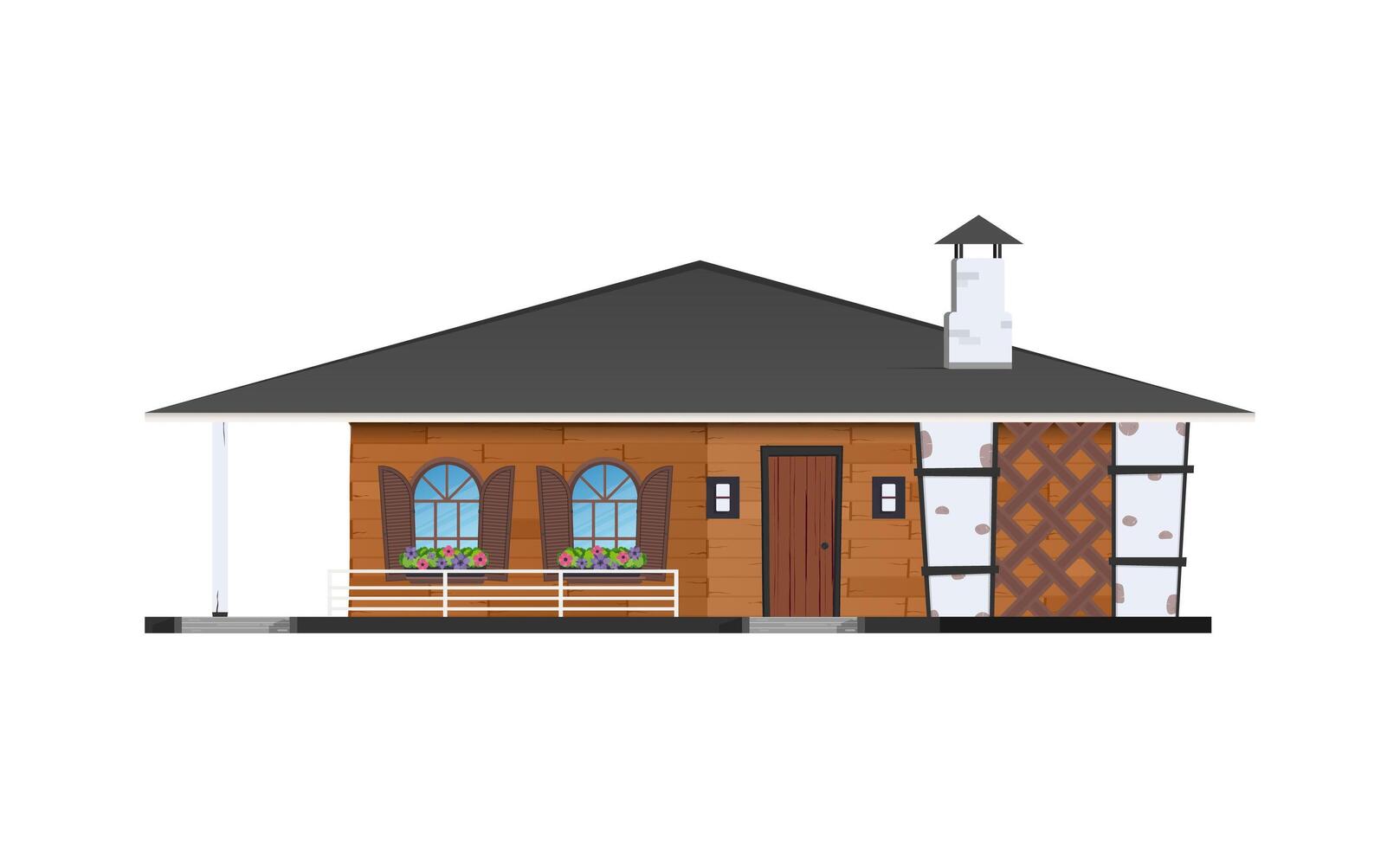 A small house with a porch and a chimney vector