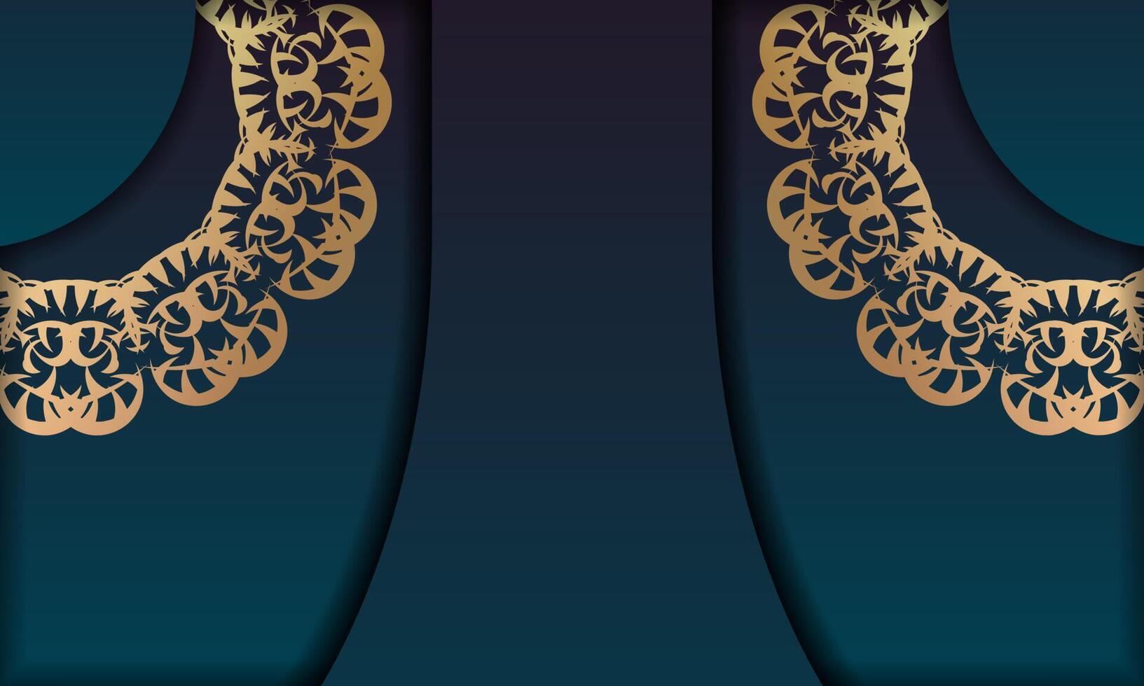 Golden curtains with lace pattern on blue background vector