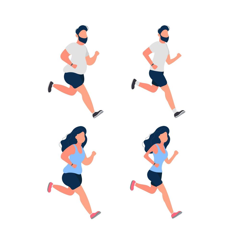 Set of running fat people. Fat man and woman are running. The concept of weight loss and a healthy lifestyle. Isolated. Vector