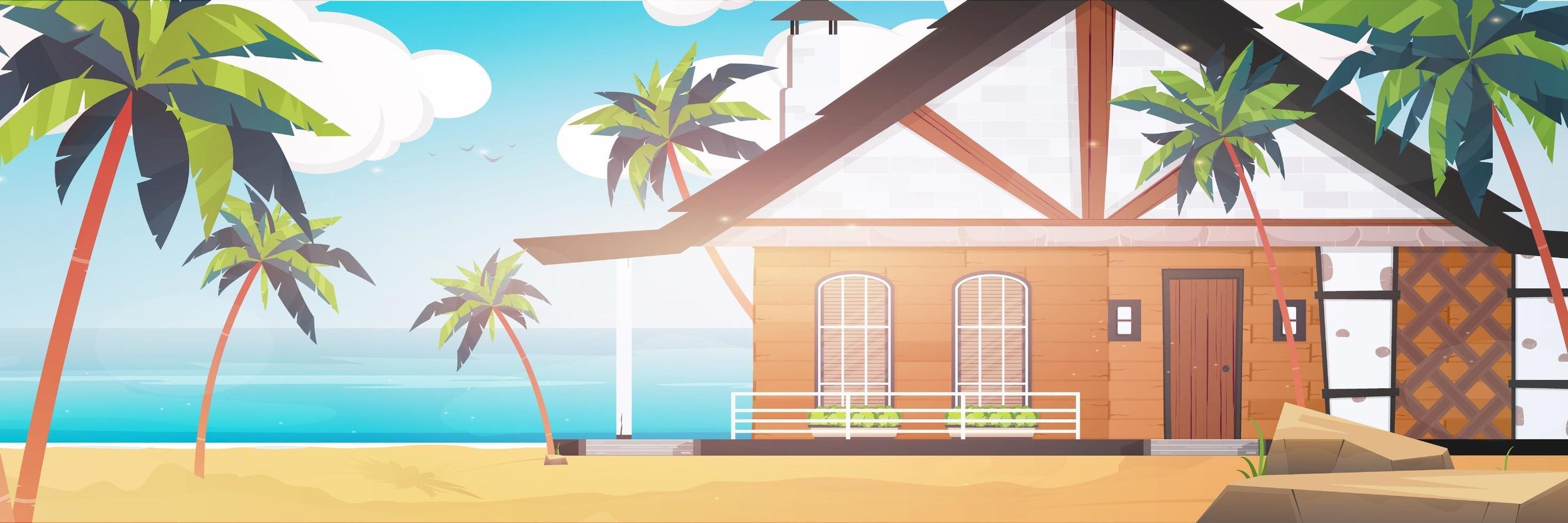 Villa on a sandy beach with palm trees. Summer vacation concept. Vector illustration. Cartoon style.