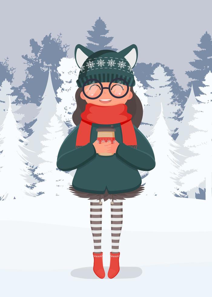 A girl in a snowy forest drinks a hot drink. A woman in warm winter clothes holds a cup in her hands. Ready-made postcard for a winter theme. Vector