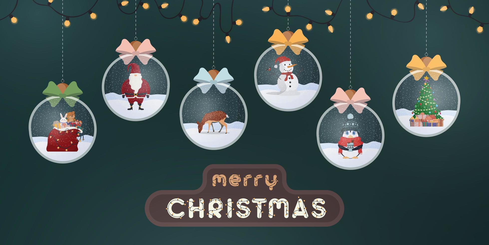Merry christmas green banner. Transparent round toys with snow and bersonages inside. Garland with bulbs. Vector