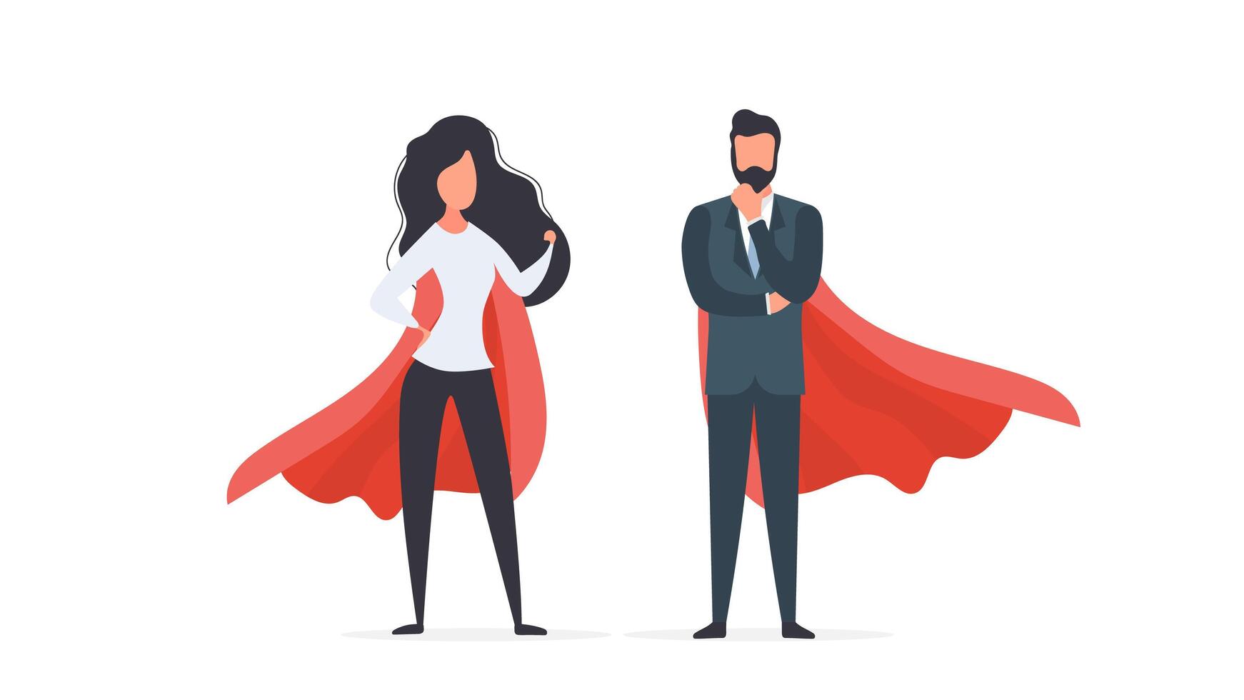 chica y chico con un impermeable rojo. superhéroe de mujer y hombre. el concepto de persona, empresa o familia de éxito. vector. vector