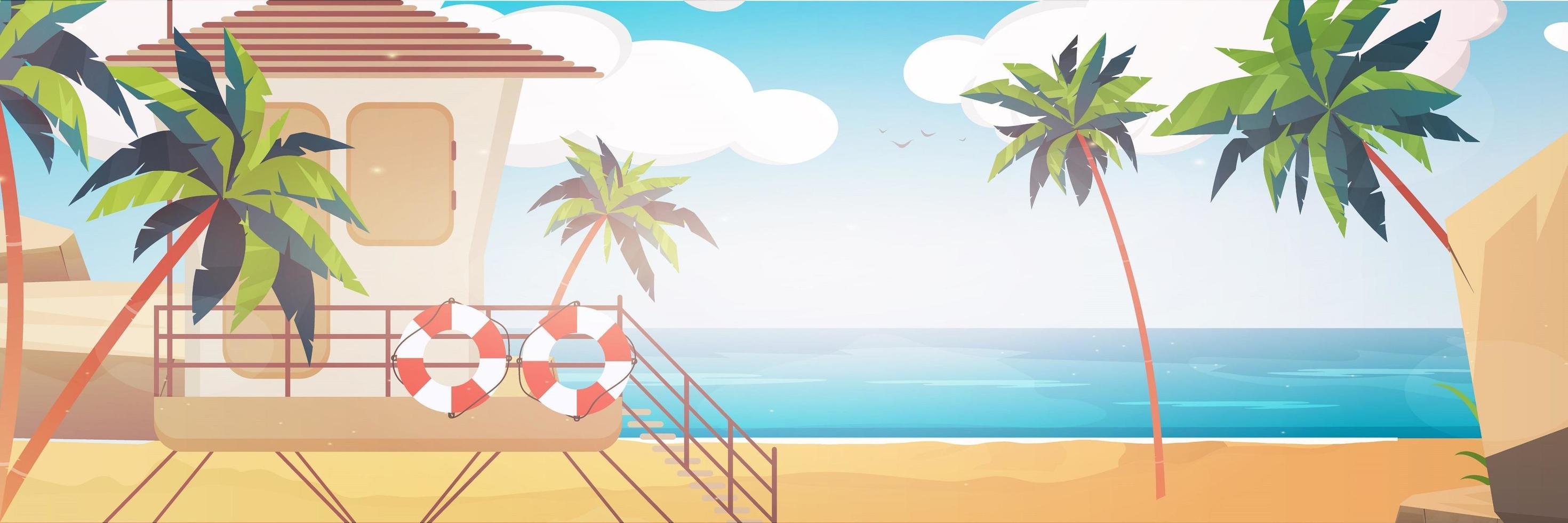 Hermoso paisaje de playa tropical junto al mar de verano con palmeras y montañas de silueta banner horizontal ilustración vectorial plana vector