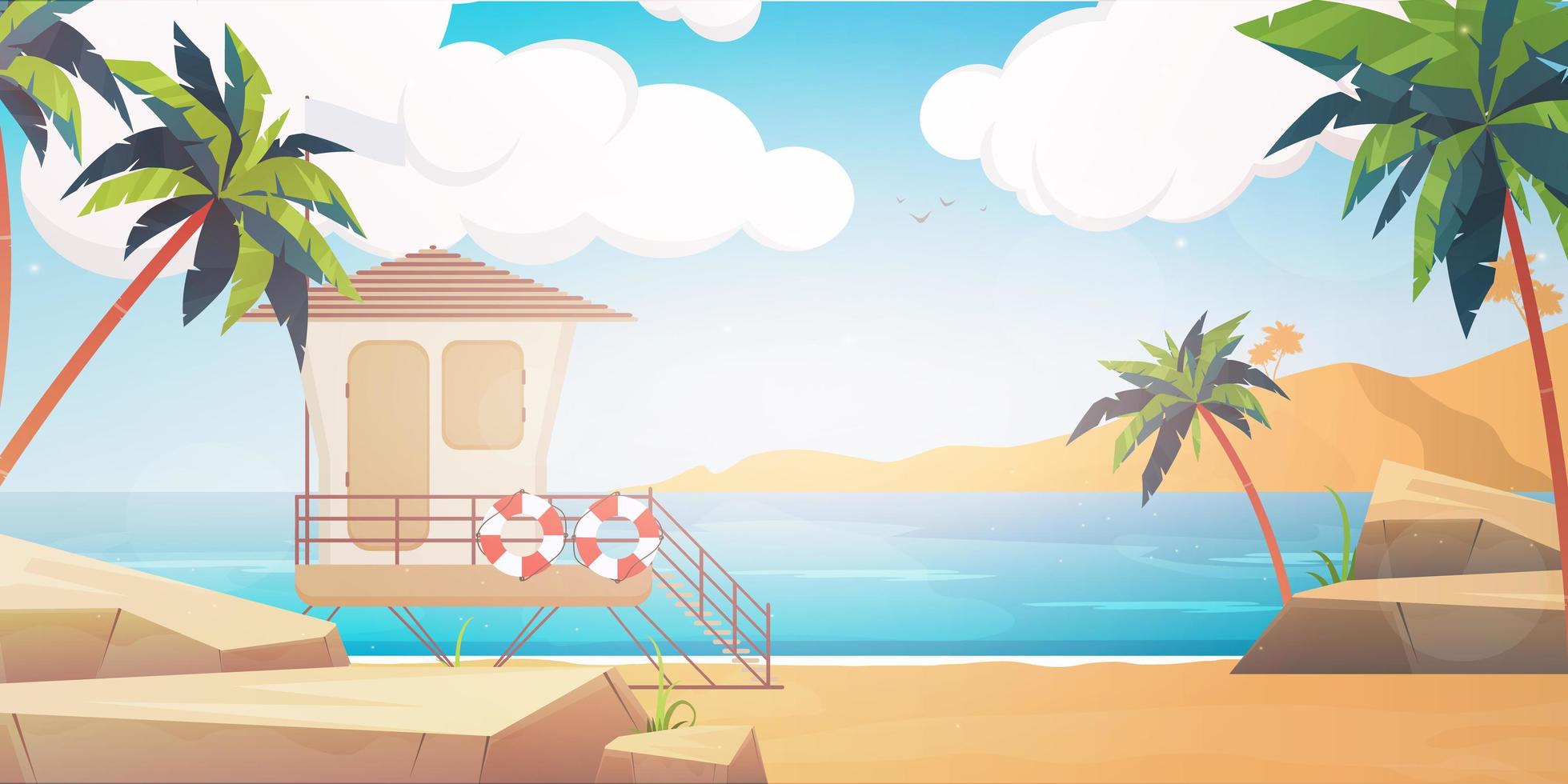 Beautiful Tropical Beach Landscape Summer Seaside With Palm Tree And Silhouette Mountains Horizontal Banner vector