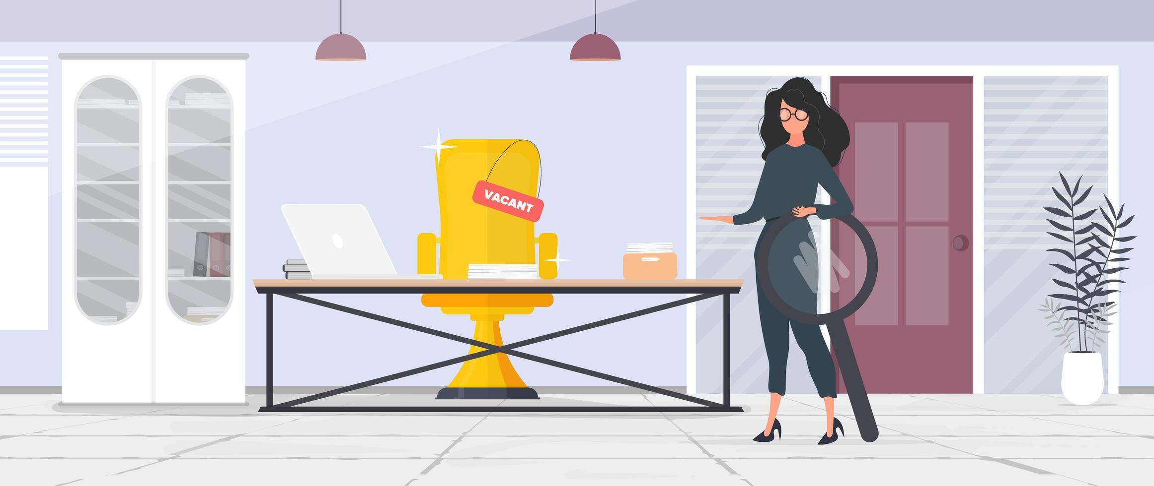 A woman is standing in front of a desk with a vacuum vector