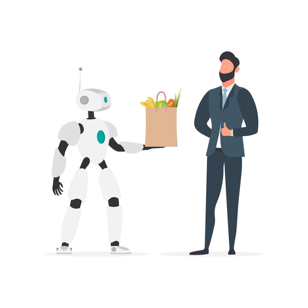 The robot holds a shopping bag in its hands. Future delivery concept. Online shopping. Isolated. Vector. vector