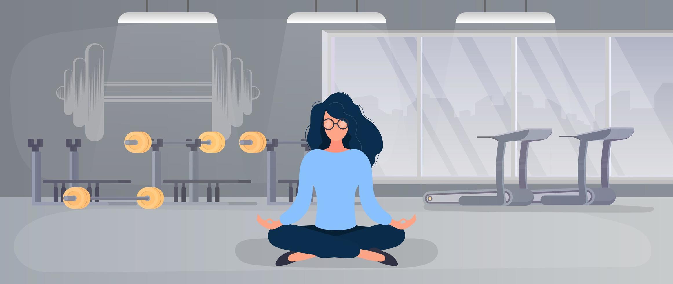 la niña está meditando en el gimnasio. chica hacer yoga en el gimnasio. el concepto de deporte y estilo de vida activo. vector. vector