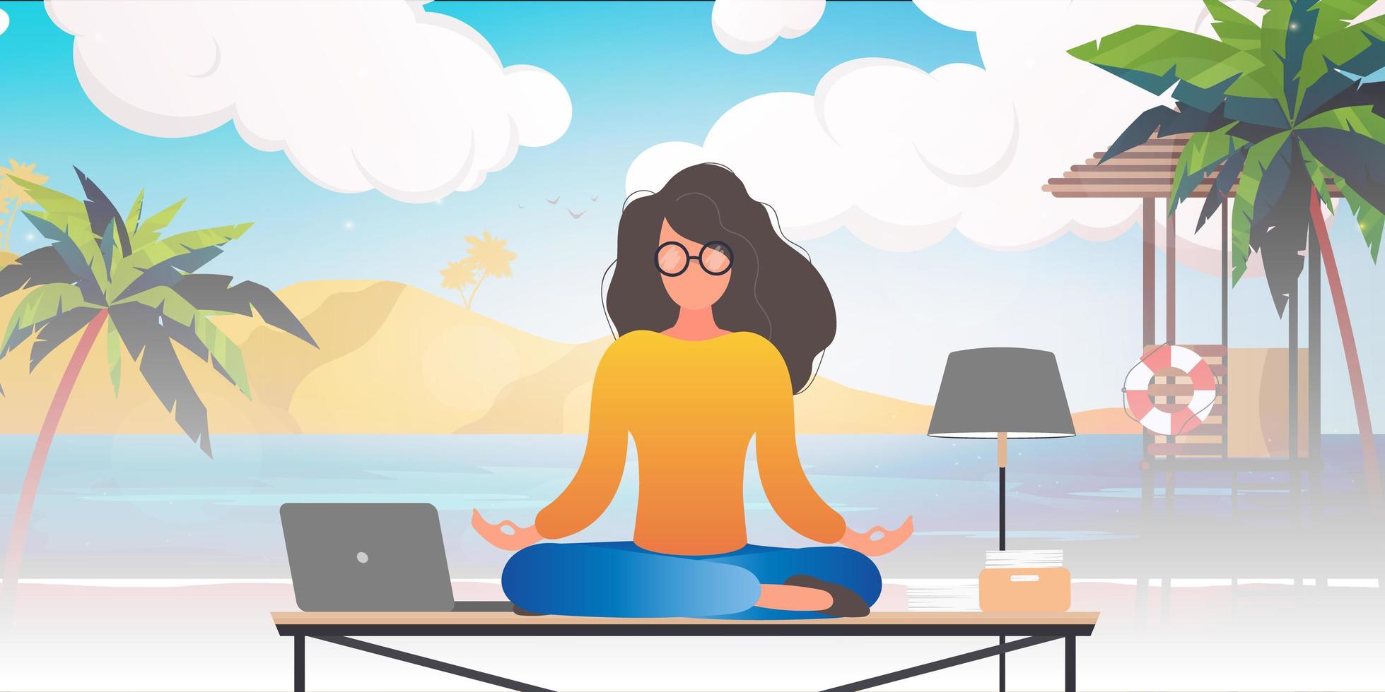 The girl sits at the office table and dreams of the sea. Office with a sea view. The concept of rest while working. Vector. vector