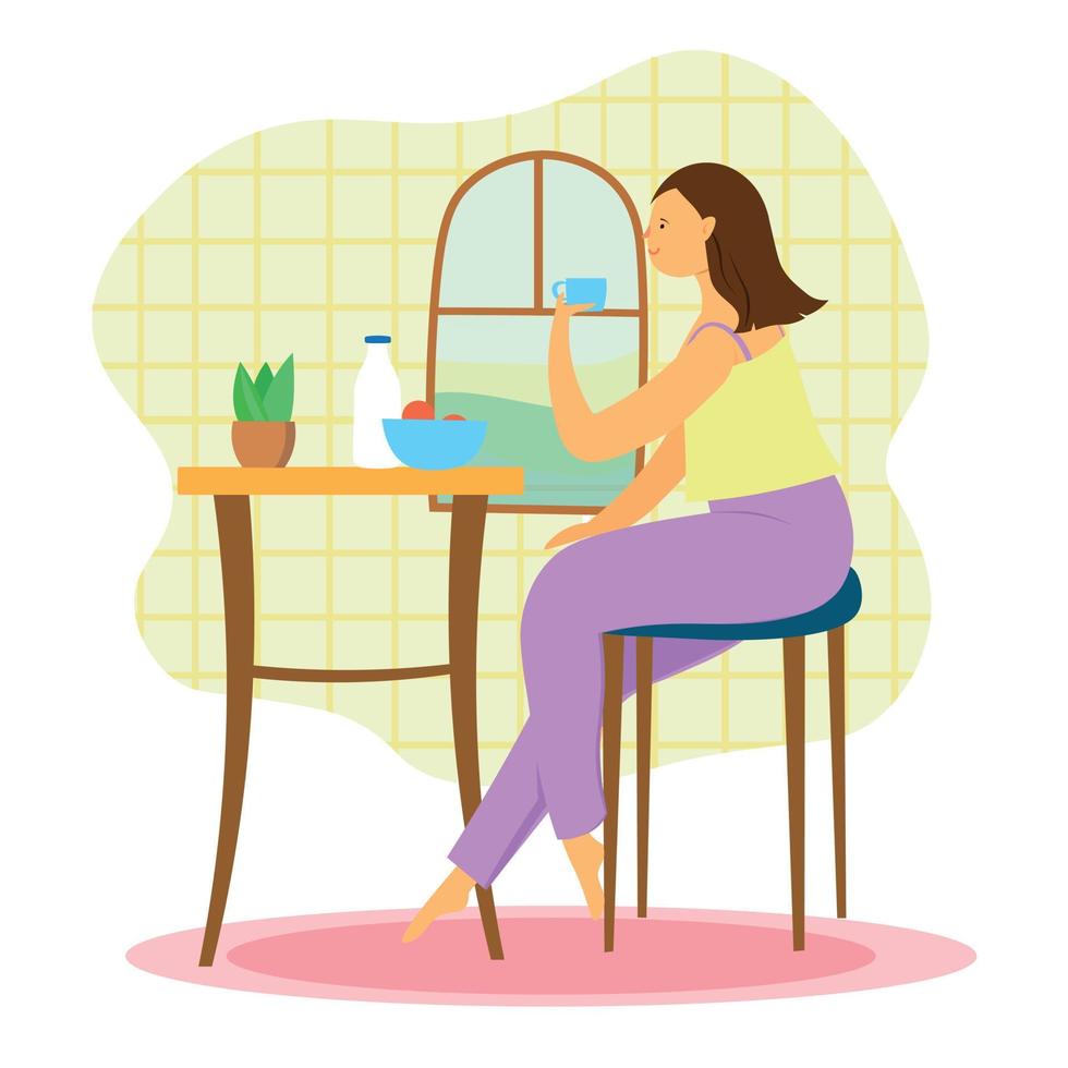 Girl Drinking Morning Coffee or Tea in the Kitchen vector