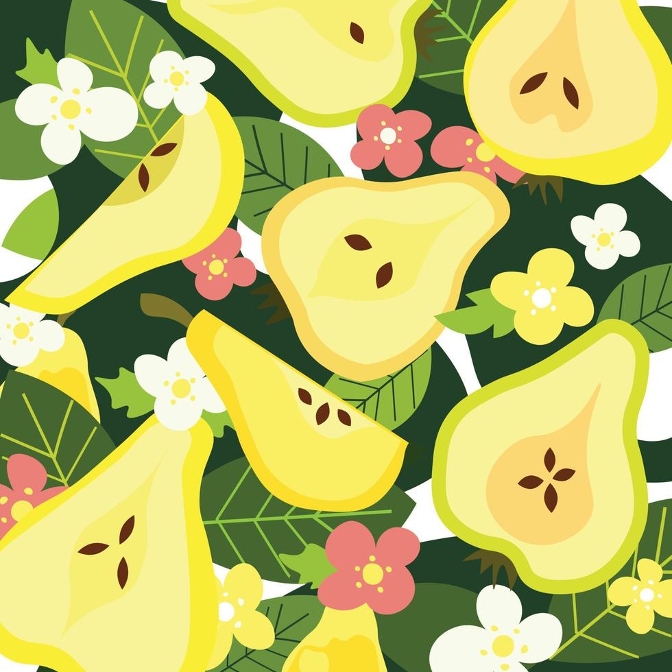 Decorative Vector Pattern with Pears and Spring Flowers