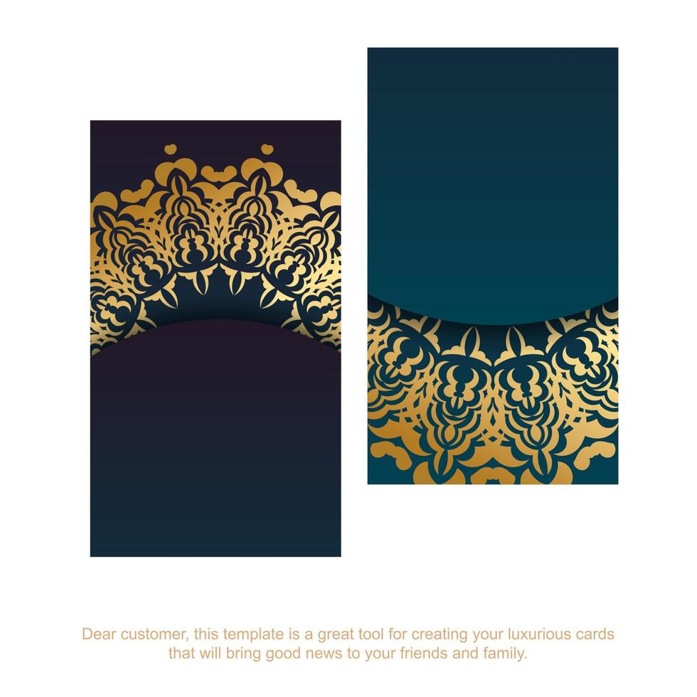 tarjeta de visita azul degradado con adornos de oro vintage para su negocio. vector