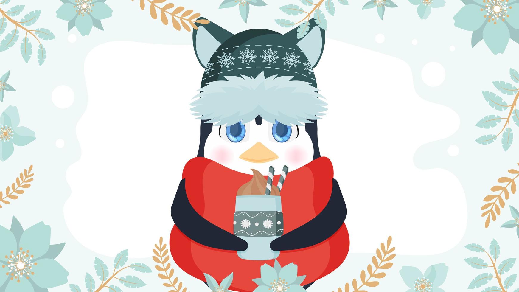 A little cute penguin in a winter hat and a scarf holds a hot drink in his hands. Knitted hat, red scarf, hot, winter drink, coffee or latte. Vector