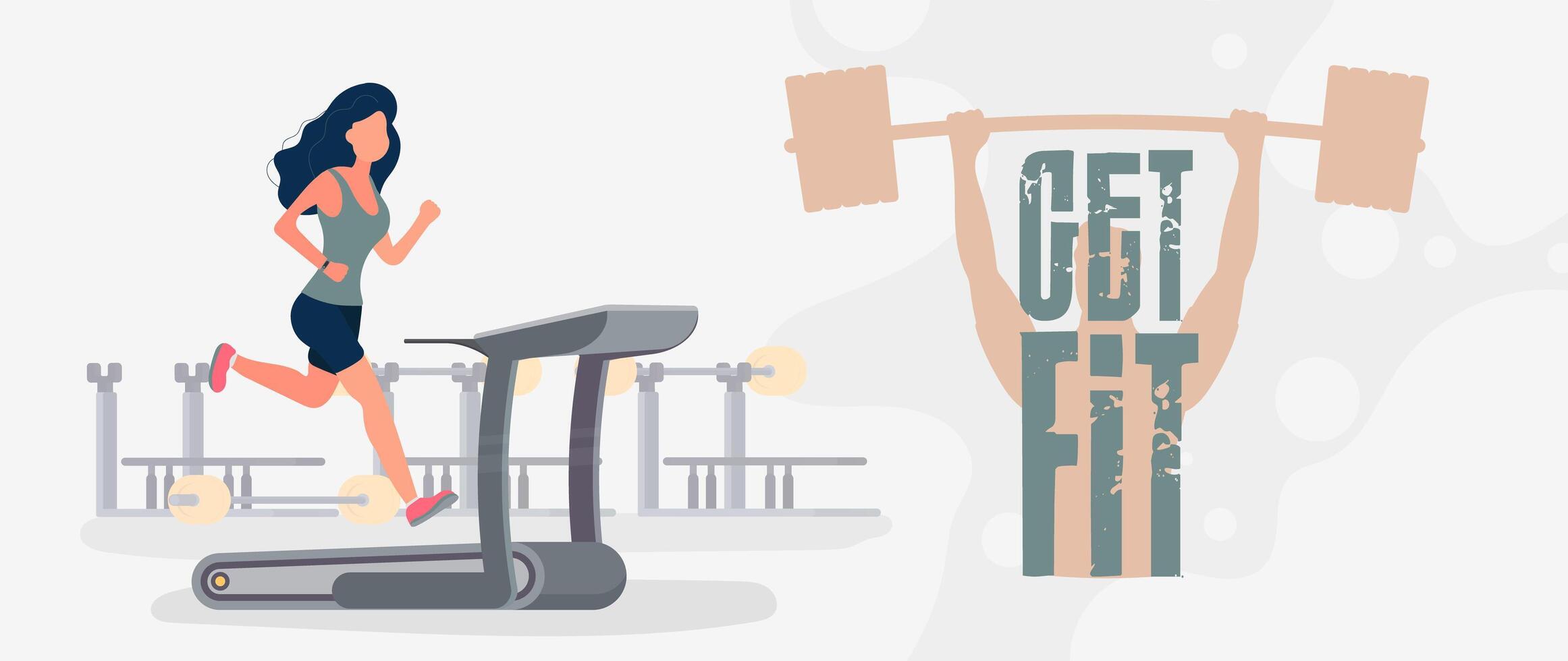 A woman is running on a treadmill with the words get fit vector