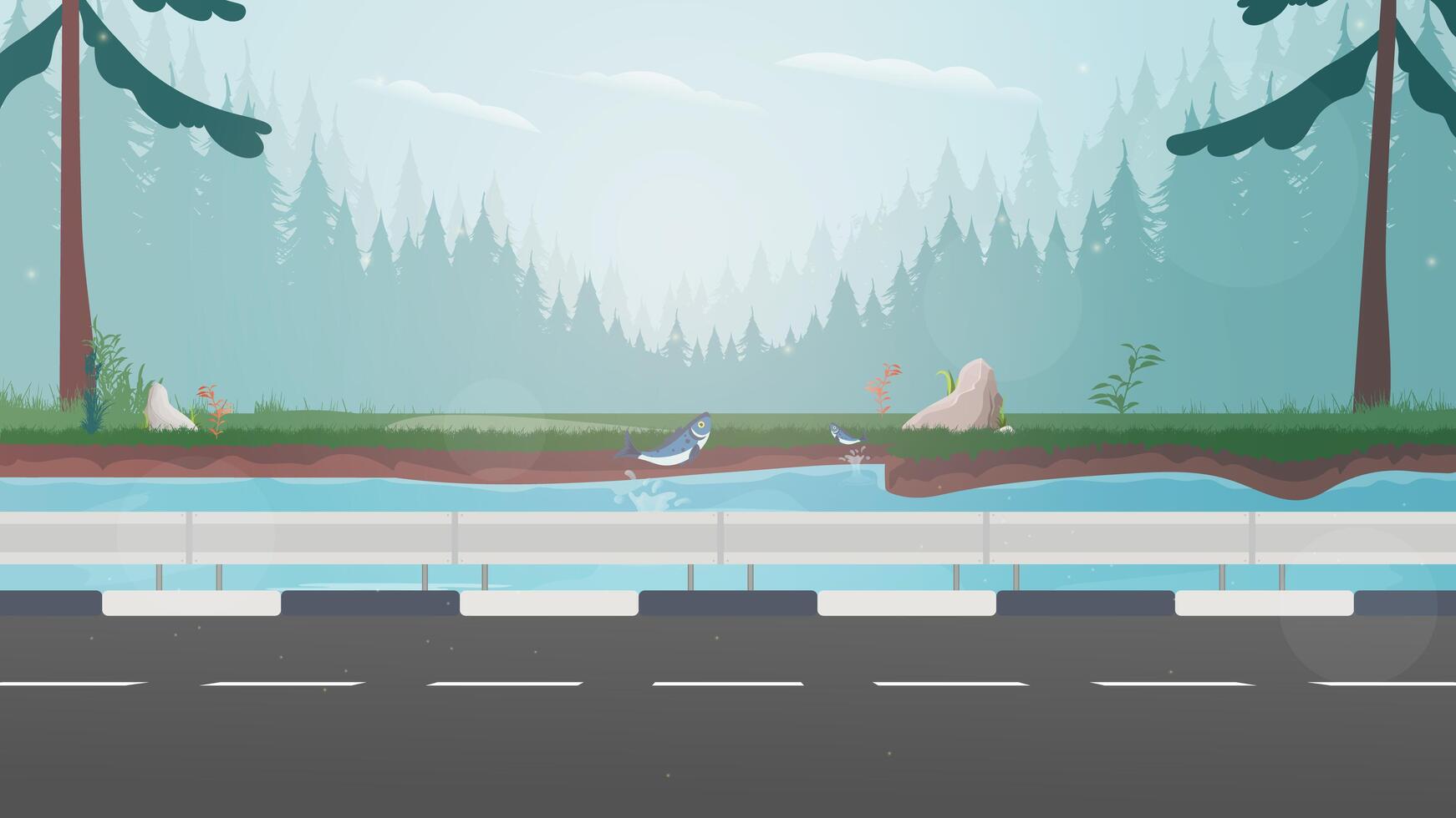 An empty straight road near the river. Forest on the horizon. Cartoon style. Vector illustration.