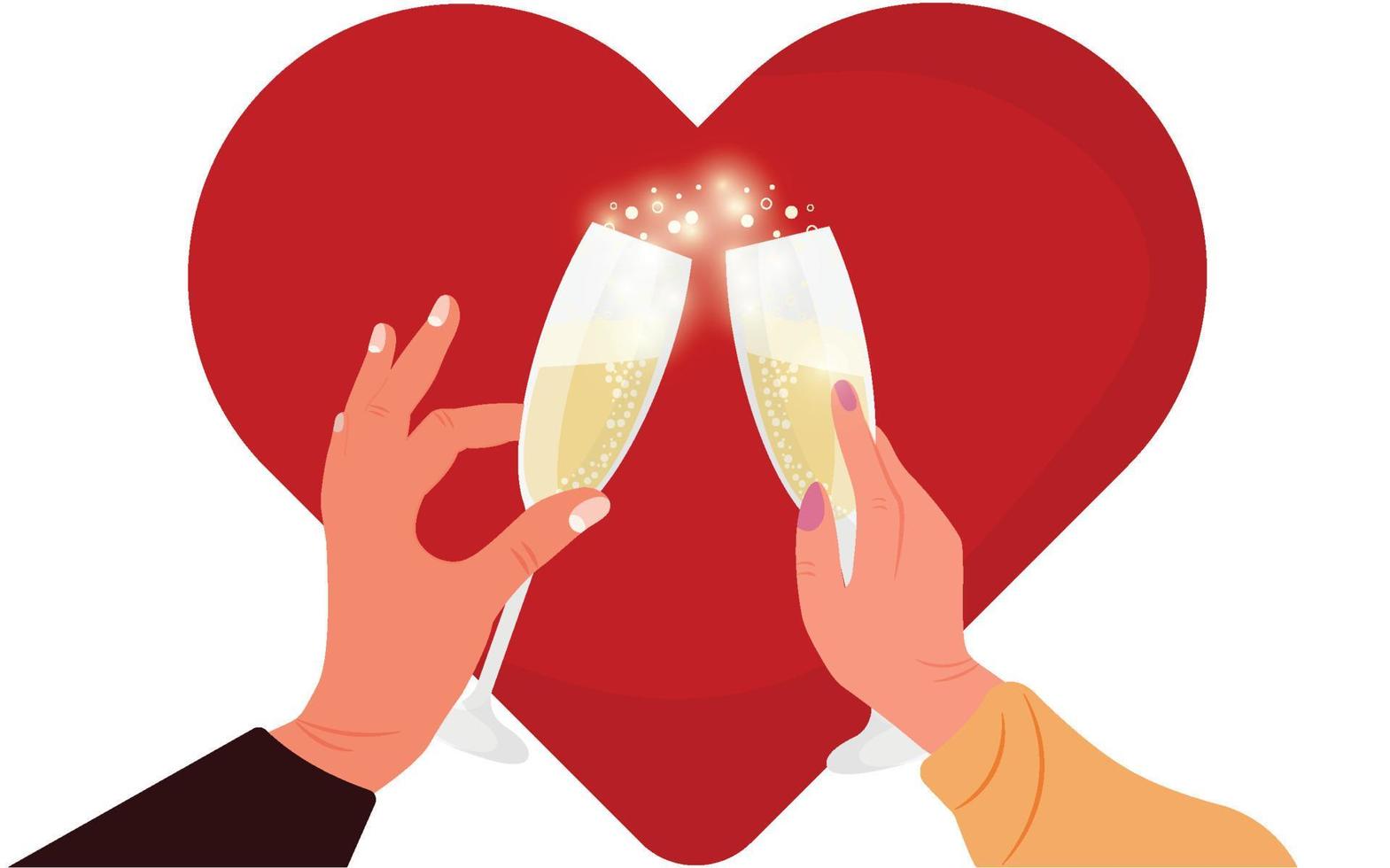The hand of a man and a woman are holding a glass of champagne against the background of a heart. Vector illustration